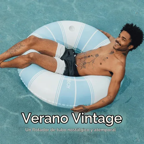 Vista 2 de FUNBOY Giant Vintage Stripe Inflatable Pool Float with Cup Holder 48" Pool Float for Adults Inner Tube Pool Toys Swim Rings Swimming Pool Azul