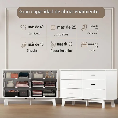 Vista 3 de Xixini Cómoda para dormitorio, cómoda moderna de 6 cajones con base resistente en forma de X, organizador de almacenamiento de ropa doble de madera