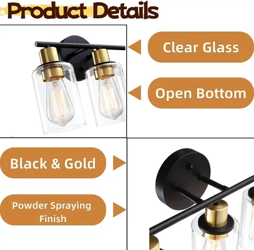 Vista 4 de Lámpara de tocador de 3 luces negra y dorada sobre el espejo, lámparas de pared de baño con pantalla de vidrio transparente que incluye base mediana