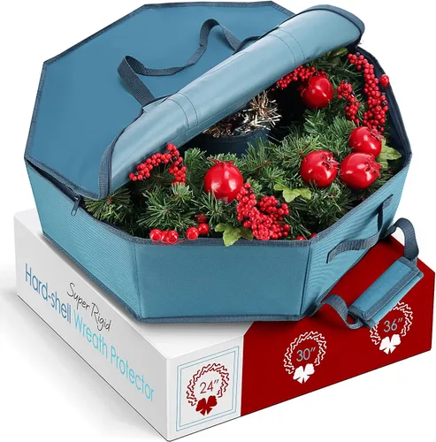 Vista 2 de Contenedor para guardar coronas - Bolsa de almacenamiento para coronas de Navidad de carcasa dura con bolsillos interiores, doble cremallera y asas