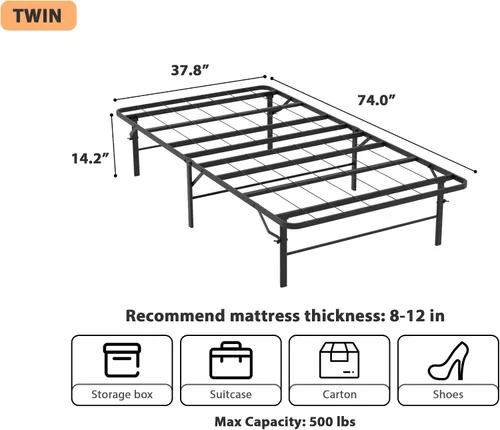 Vista 7 de Base de cama plegable de tamaño individual, base de cama de plataforma de metal negro, no necesita somier, base de cama de plataforma