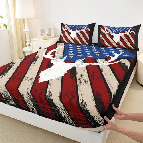 Vista 21 de Homewish Sábana bajera ajustable con diseño de bandera estadounidense de camuflaje para niños, tamaño individual, silueta de cuernos de ciervo