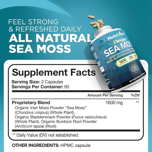 Vista 2 de Nutrivein Musgo marino orgánico de 1600 mg más vejiga y bardana – 120 cápsulas para adultos – Superalimento prebiótico – Sistema inmunológico