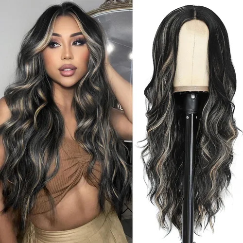 Vista 40 de NAYOO Peluca larga ondulada rubia ombré para mujer, de 26 pulgadas, parte media, rizada, ondulada, de aspecto natural, fibra sintética resistente al