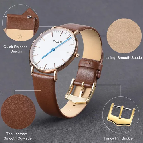 Vista 4 de EACHE Correas de reloj de cuero de liberación rápida para hombres y mujeres, correas de reloj de cuero fino para mujer, 0.472 in, 0.551 in, 0.630