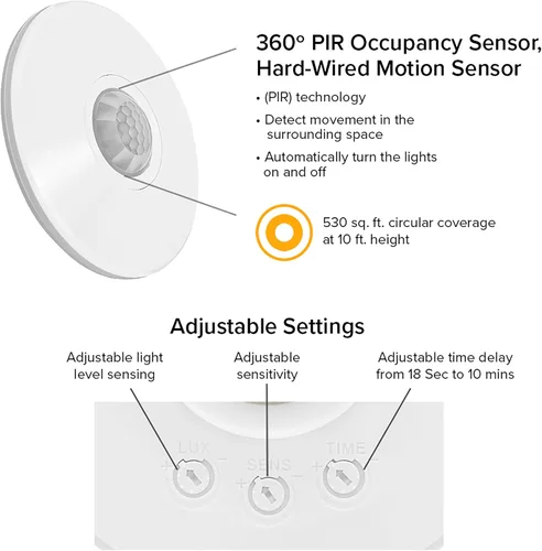 Vista 6 de Maxxima Sensor de ocupación PIR de 360 grados para montaje en techo, sensor de movimiento con cable duro, compatible con LED de 120 V, solución