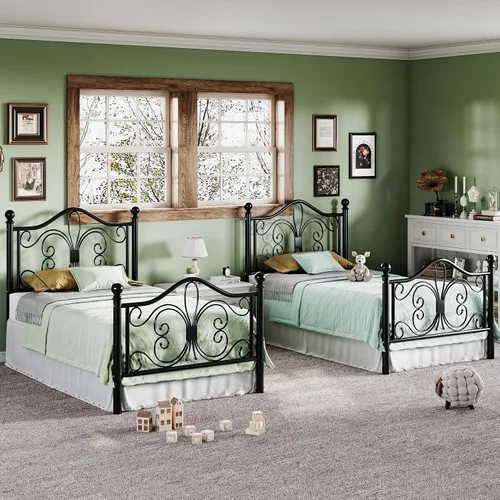 Vista 5 de Allewie Marco de cama de tamaño individual para niños, marco de cama de metal con cabecero y piecero de diseño de patrón de mariposa, no necesita
