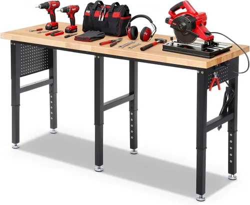 Vista 9 de ENJOYWOOD Mesa de trabajo para garaje de 60 pulgadas Banco de trabajo con almacenamiento Altura ajustable Tablero de madera de goma Banco de trabajo