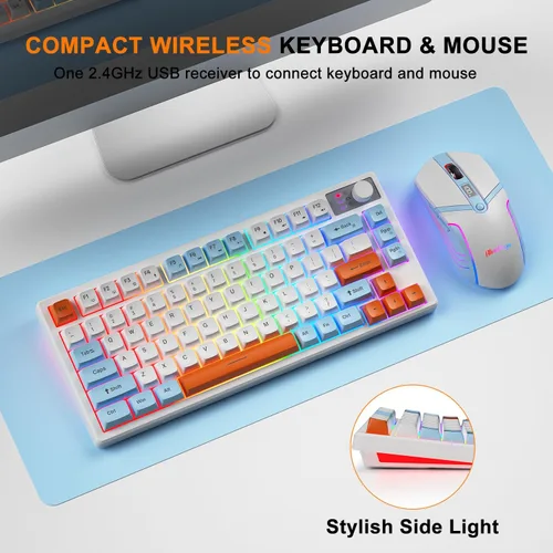 Vista 7 de BlueFinger Teclado y mouse inalámbricos 75% para juegos con pantalla inteligente, teclado inalámbrico recargable con control de perilla, mouse