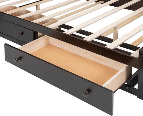 Vista 8 de Versátil cama de plataforma de madera tamaño Queen con armario y nido todo en uno, estante y enchufes, para niños, adolescentes y adultos, uso