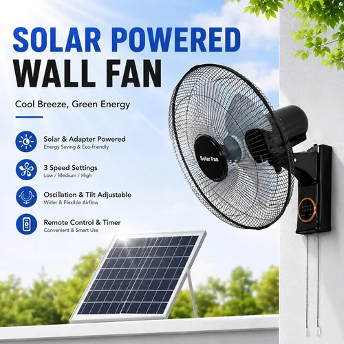 Vista 3 de Extractor solar montado en la pared, ventilador oscilante de 16 pulgadas con control remoto, 5 aspas 3 velocidades, temporizador, AC/solar