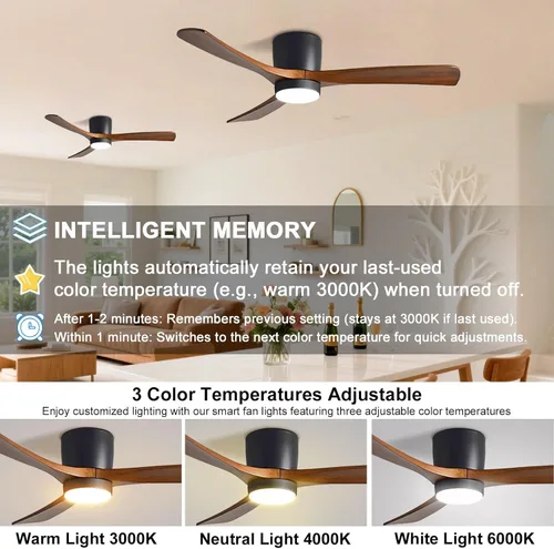 Vista 4 de Ventiladores de techo de 48 pulgadas con luces, moderno ventilador de techo negro de 6 velocidades, aspas de madera maciza con luz para dormitorio