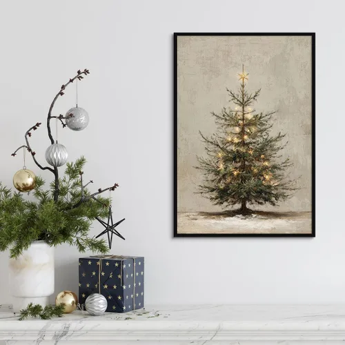 Vista 3 de Arte de pared en lona de árbol de Navidad y pino, póster rústico iluminado de abeto nevado, decoración de pared de vacaciones de invierno antigua
