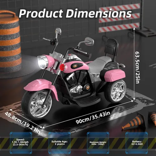 Vista 7 de XJD Motocicleta eléctrica para niños, batería de 6V con claxon y faro, certificada ASTM, juguete de 3 ruedas para montar para niños, motocicleta Rosa