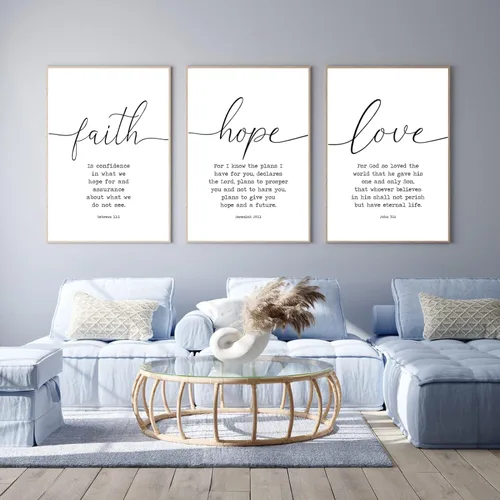 Vista 9 de Lienzo con versículo bíblico con citas de fe, esperanza, amor, decoración de pared, escritura, amor, arte de pared para sala de estar, arte de pared