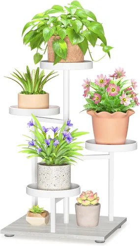 Vista 22 de LASZOLA Soporte para plantas de 5 niveles alto de madera y metal para interiores para macetas de servicio pesado, estante vertical grande