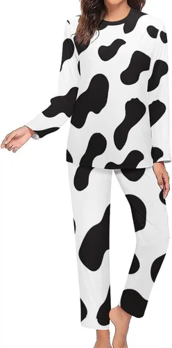 Vista 7 de Conjunto de pijama de dos piezas para mujer, estampado de vaca, color blanco y negro, 2XL