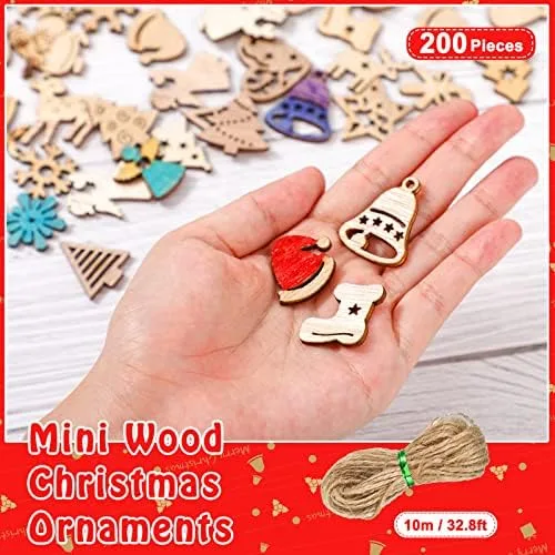 Vista 2 de 200 piezas de mini adornos de madera sin terminar, Halloween, Navidad, bricolaje, mini recortes de madera en blanco con caja de almacenamiento