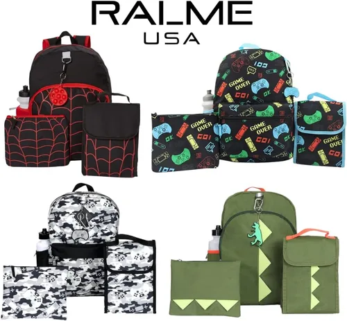 Vista 8 de Juego de mochila para niños, 16 pulgadas, 6 piezas, incluye bolsa de almuerzo plegable, botella de agua, llavero y estuche para lápices, Dinosaurio