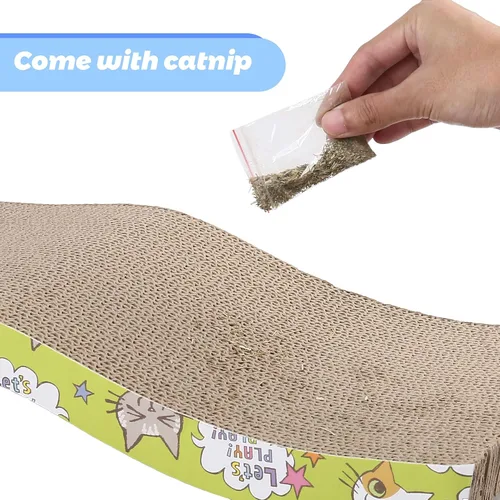 Vista 4 de PrimePets Rascador de cartón para gatos, almohadilla para rascar con forma curva, rascador de gato, tablero corrugado reversible con hierba gatera