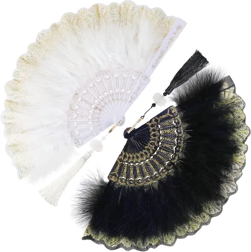 Vista 8 de Namalu - Abanico de plumas bordado, 2 piezas, diseño de marabú de los años 20, plegable, drag queen para mujeres de los años 20, disfraz de fiesta