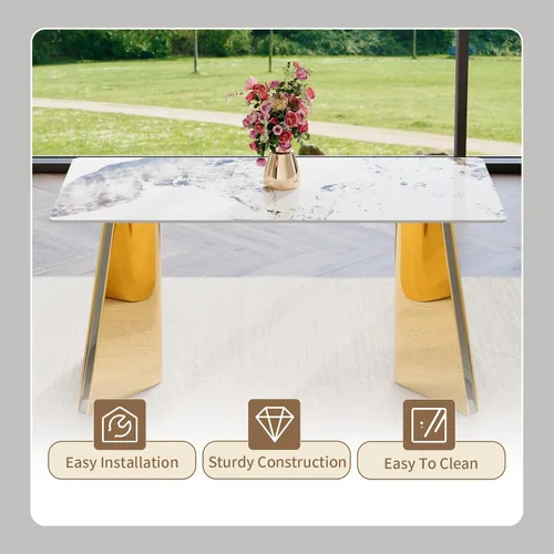 Vista 3 de Shenyon Moderno juego de mesa de comedor de 7 piezas con 6 sillas, juego de mesa de comedor de mármol blanco de 63 pulgadas para 6, mesa de cocina