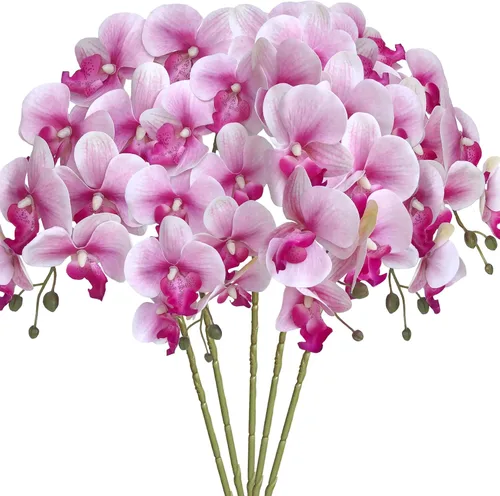Vista 8 de HinyoCo 5 piezas de flores artificiales de orquídea, flores artificiales de Phalaenopsis de 32 pulgadas para decoración del hogar y boda (blanco)