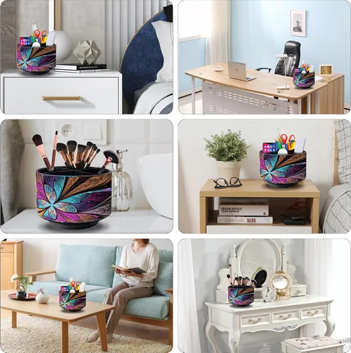 Vista 5 de Soporte para control remoto, organizador redondo de cuero para suministros de arte, papelería de cuero sintético, organizador de maquillaje