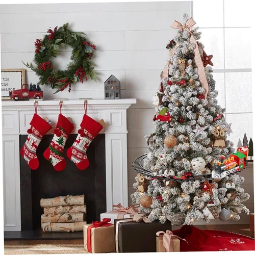 Vista 3 de Juegos de trenes de Navidad para alrededor del árbol, juego de tren eléctrico para árbol de Navidad con música y luz, trenes modelo para niños
