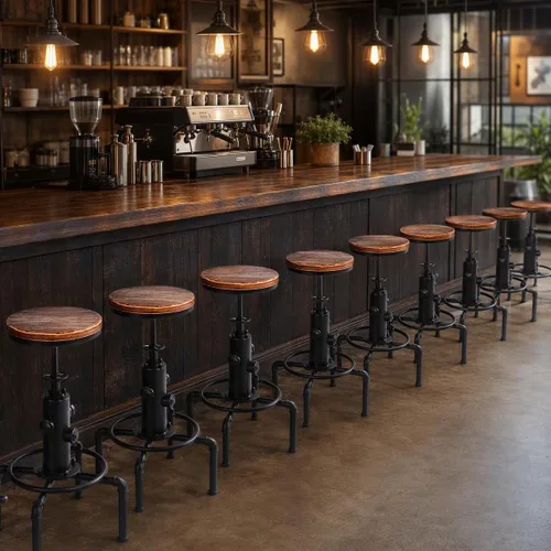 Vista 9 de American Steampunk Industrial Fire Hydrant Bar Stools (Black, Wooden Top)