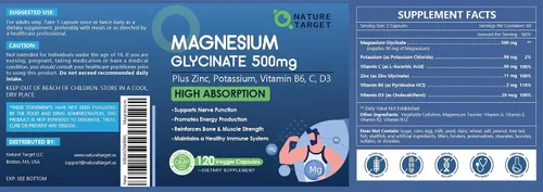 Vista 7 de NATURE TARGET Glicinato de Magnesio 500mg, Magnesio Quelado con Zinc y Vitamina D3 para Músculos, Nervios y Huesos, Apoya la Salud del Corazón