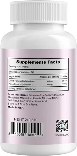 Vista 2 de Heivy Sulfato ferroso 325 mg con vitamina C 100 mg, 240 tabletas veganas