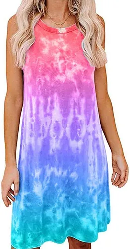 Vista 2 de Women's Casual Tie Dye Short Dress Crew Neck Sleeveless Loose T Shirt Mini Dress
