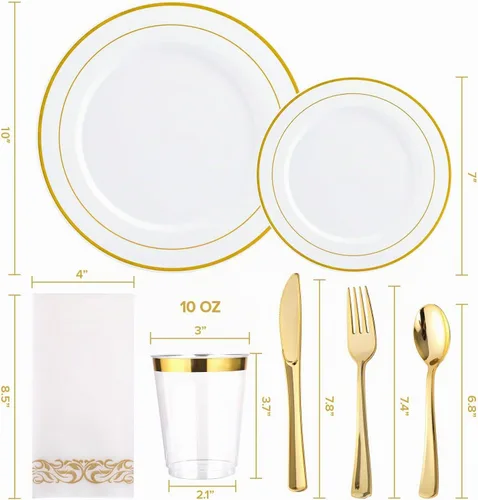 Vista 2 de FOCUSLINE Juego de vajilla dorada de 175 piezas para 25 invitados - Platos desechables de plástico blanco con borde dorado resistente, incluye 25