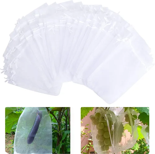 Vista 8 de 100 bolsas de protección de frutas verdes de 6 x 8 pulgadas, bolsas de malla para frutas con cordón, bolsa de malla para proteger las plantas