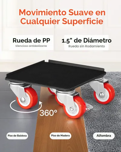 Vista 4 de VEVOR Carretilla para muebles, mudanzas de muebles resistentes con 5 ruedas de rotación de 360°, panel de acero al carbono, juego de herramientas