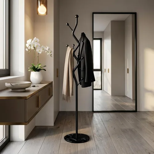 Vista 6 de Moderno perchero de metal con forma de árbol, árbol de pasillo de metal independiente con base de mármol resistente, organizador de entrada