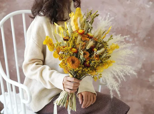 Vista 10 de Yellow SeriesRose - Ramo de boda bohemio, ramo de hierba de las pampas, ramo de flores secas de 12 pulgadas (Y01)