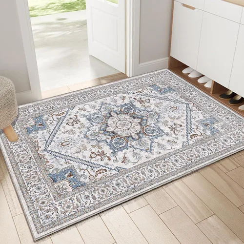 Vista 210 de OPPODREAM Alfombras suaves, pequeñas y lavables con parte trasera antideslizante, alfombra de cachemira sintética de pelo bajo, 2 x 3 pies, azul