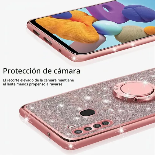 Vista 4 de Funda protectora para Samsung Galaxy A21 para mujer, con purpurina, suave, transparente, TPU de lujo, con correa de atril para A21 (rosa brillante)