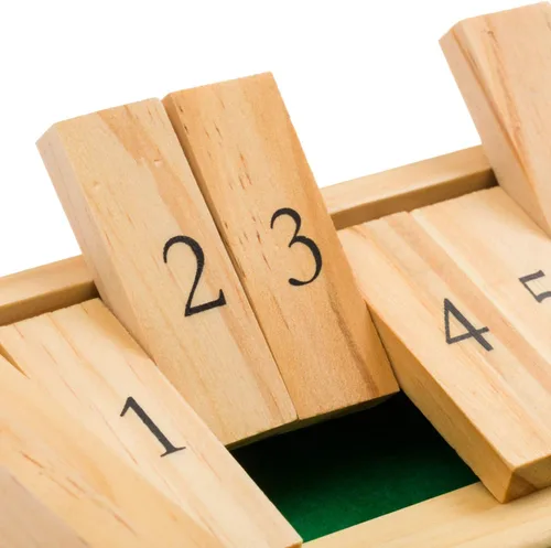 Vista 5 de Regal Games - Juego de mesa «Shut the box», juego matemático divertido con tablero de madera para adultos y niños - Juego de dados de 12 casillas