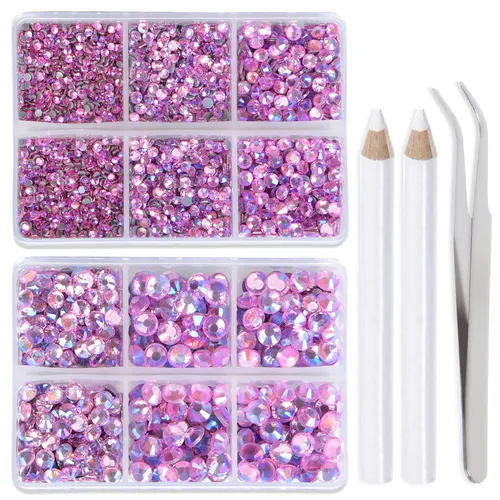 Vista 27 de LPBeads 6400 unidades de diamantes termoadhesivos de 12 colores con parte trasera plana, 5 tamaños mixtos, gemas de cristal redondas con pinzas