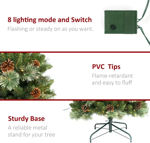 Vista 6 de Árbol de Navidad artificial preiluminado de 6.5 pies, árbol de Navidad artificial de pino con 250 luces LED, agujas de pino y conos de pino