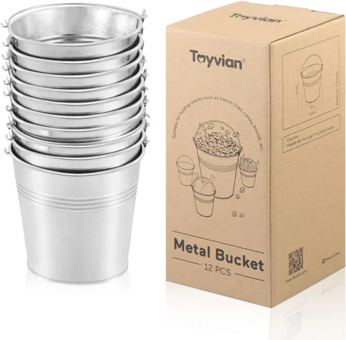 Vista 7 de Toyvian Mini cubos de metal con asas, 12 macetas de hojalata plateadas de 4 pulgadas para el aula, bolsas de regalo pequeñas, bolsas de regalo