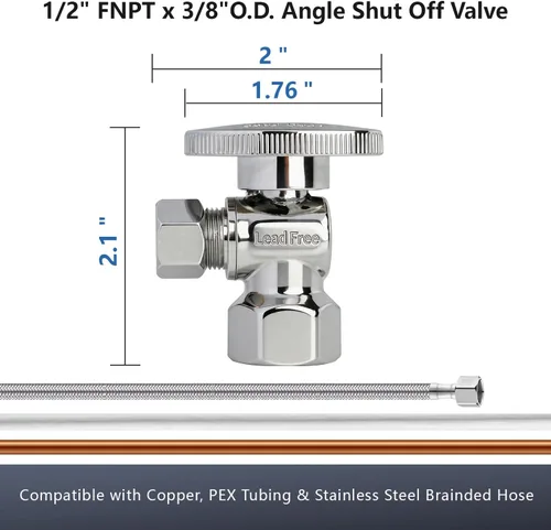 Vista 5 de Válvula de Parada Angular WiseWater 1/2" FNPT x 3/8" OD de Compresión, Válvula de Cierre de Inodoro de Cuarto de Vuelta de Latón Cromado para Baño