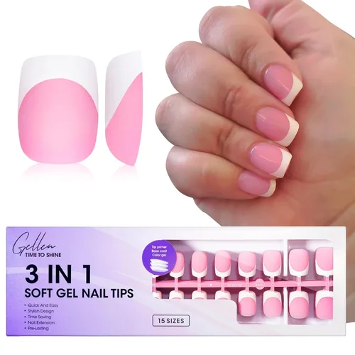 Vista 9 de Gellen Uñas postizas a presión con punta francesa de almendra, color rosa