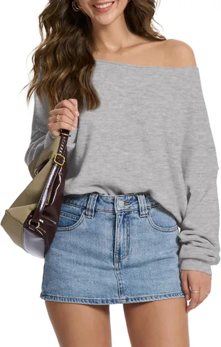 Vista 9 de FAlABLE - Suéter para mujer con hombros descubiertos y cuello barco, pullover holgado de manga larga, acogedor de punto, para otoño e invierno, tops