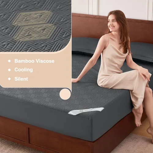 Vista 5 de Protector de colchón negro jacquard 100% impermeable tamaño individual, silencioso, antideslizante, transpirable, rayón de bambú, acolchado, sábana