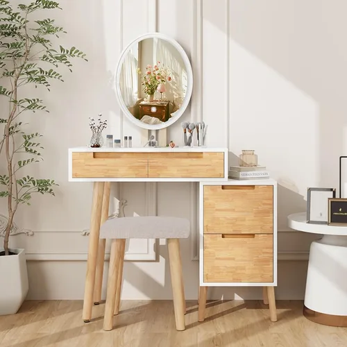 Vista 14 de Juego de mesa de maquillaje YOURLITE con espejo iluminado ajustable de 3 modos, taburete acolchado, mueble tocador para espacios pequeños Juego