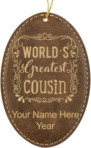 Vista 9 de LaserGram Personalized Christmas Ornament, World's Greatest Cousin, Faux Leather, Custom Laser Engraved Gift Idea (Oval Shape, Black with Gold)